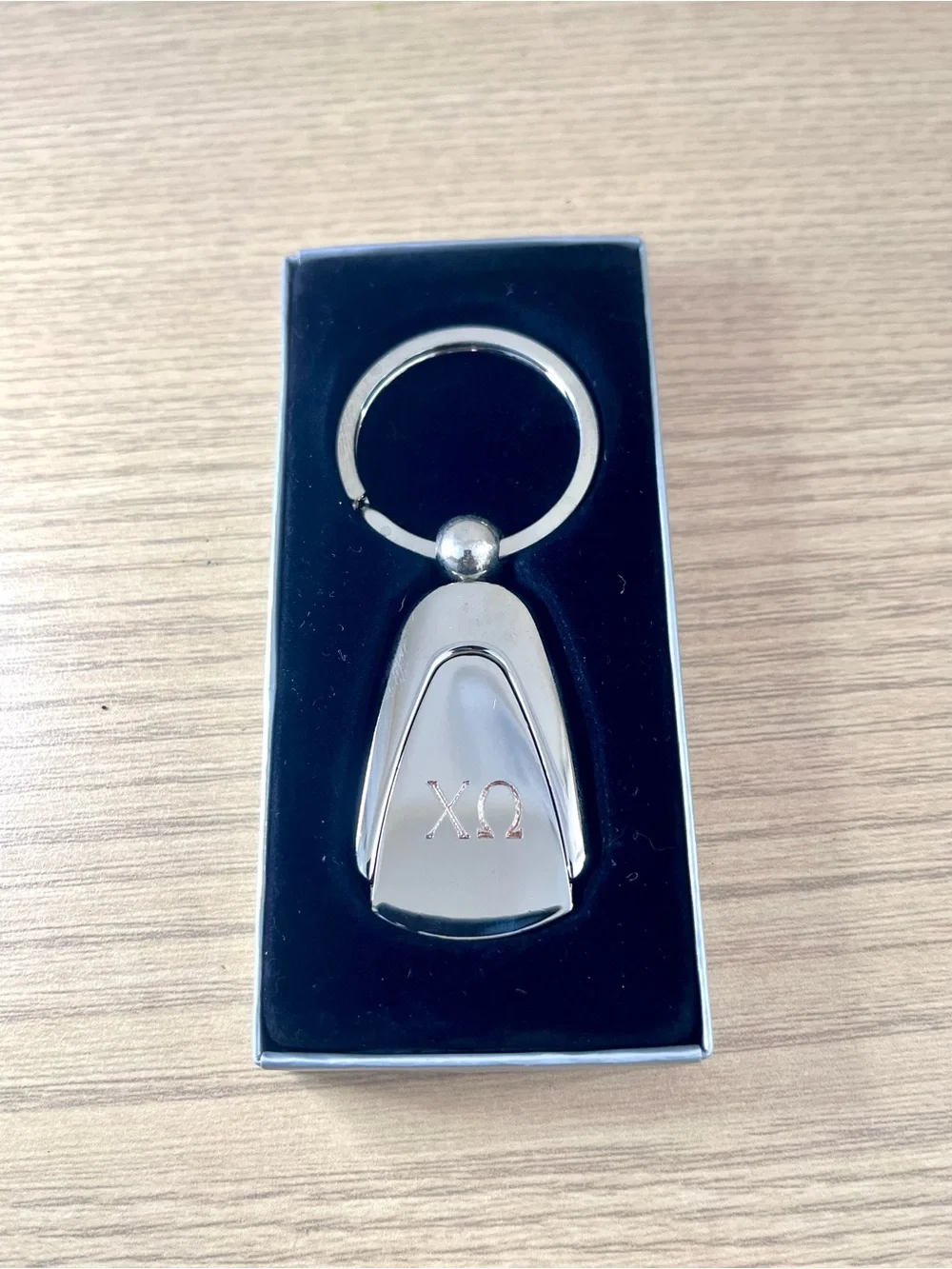 Chi Omega Sorority Silver Tone Metal Teardrop Keychain Boxed XO Greek